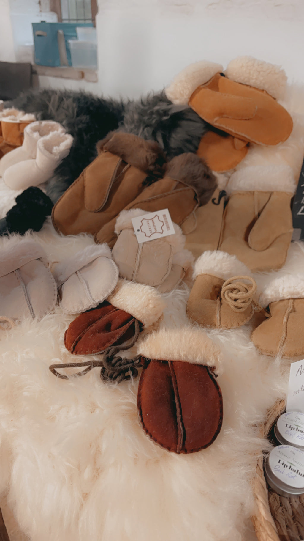 100% children’s sheepskin mittens on a string